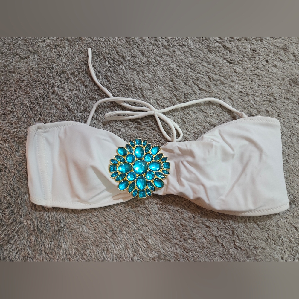 White Bikini Top with Blue Gem Accent